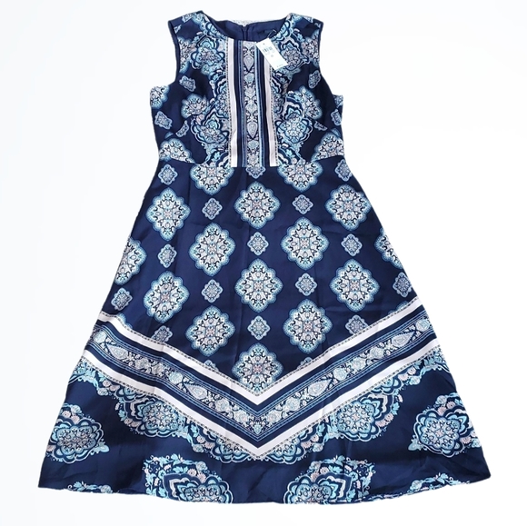 Ann Taylor Blue White Damask Paisley Print A Line Knee Length Dress Size 0 NWT - Picture 1 of 9